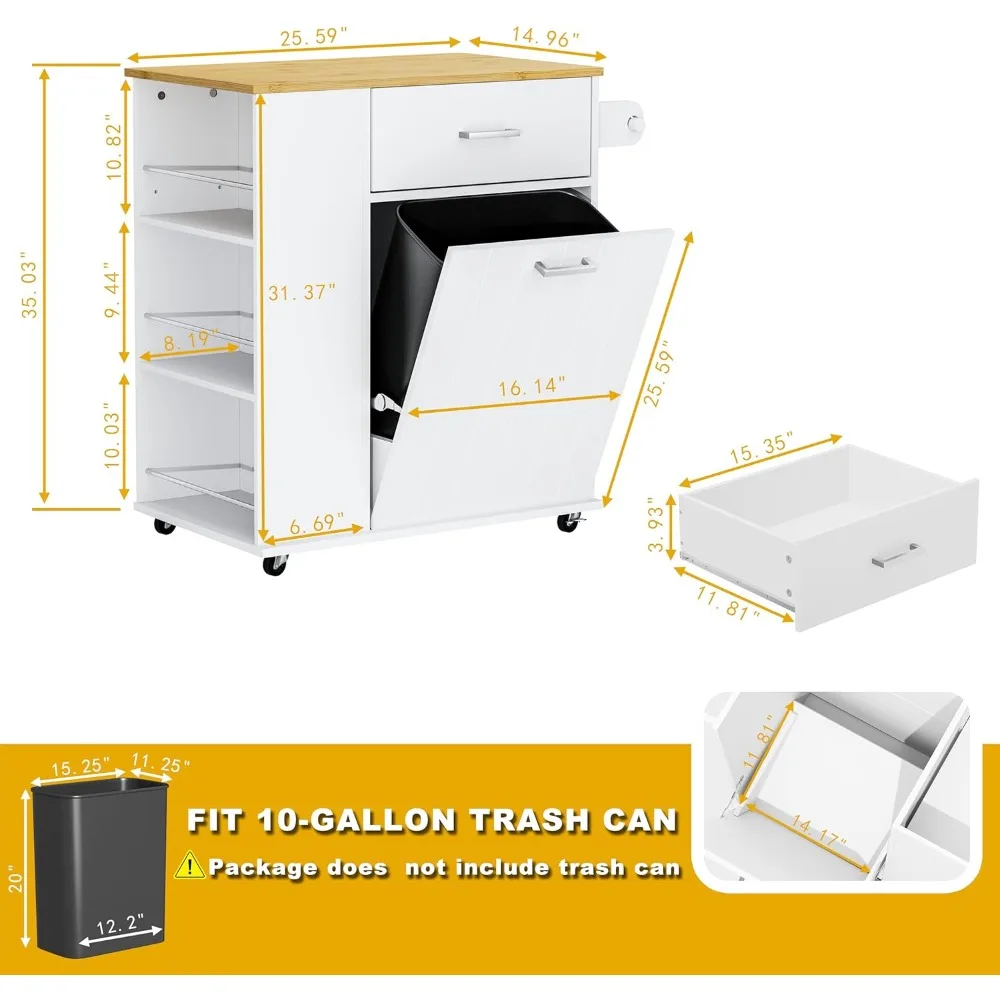 جزيرة المطبخ المتداول مع تخزين سلة المهملات، جزيرة المطبخ المحمولة على عجلات مع رف المناشف ورف التوابل، كاليفورنيا القابلة للإمالة