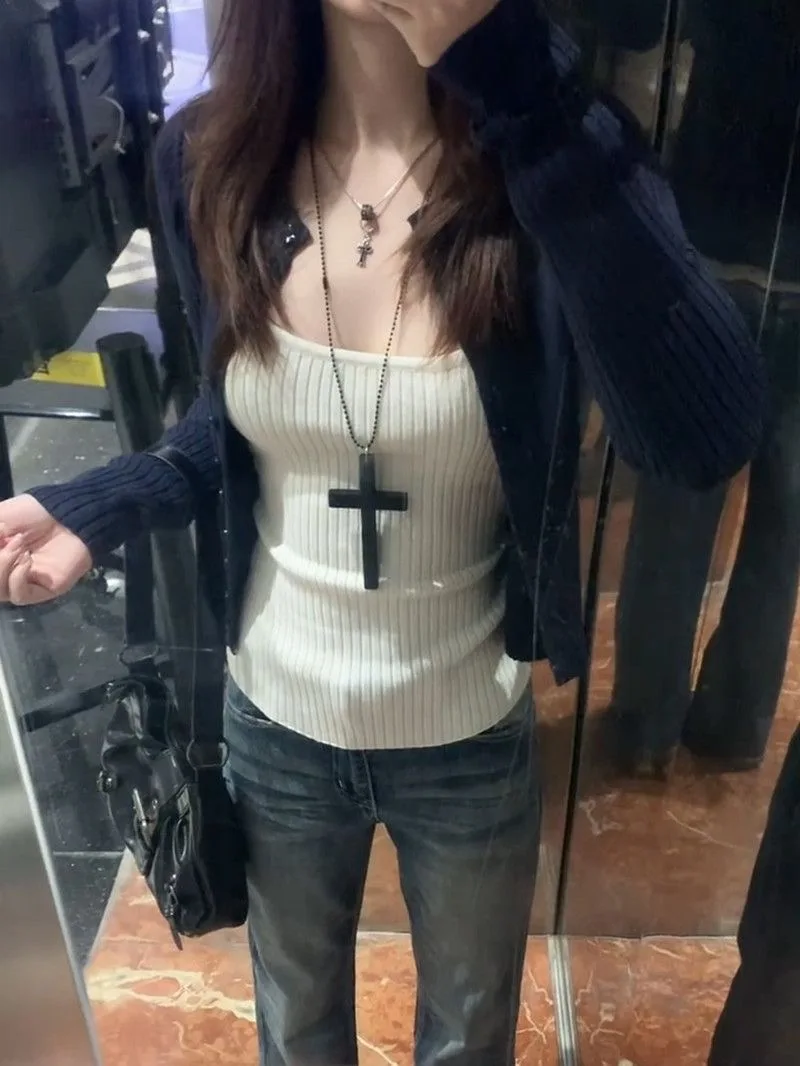 Y2k Harajuku Hot Girl Slim Autumn 2 Piece Sets 2000s American Vintage Sexy Matching Sets Solid Camis + Jumpers Cardigan Chic - view 3
