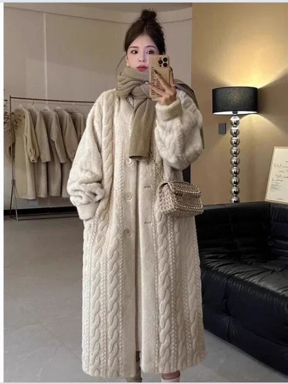 

Warm Soft Long Coat Women Long Sleeve Single Breasted Loose Plush Outerwears Winter Fashion Lady Outcoat