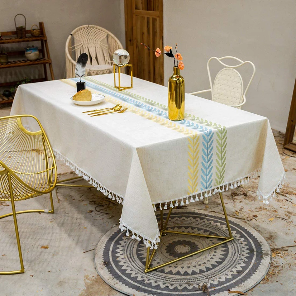 

Embroidery Tassel Tablecloth Cotton Linen Dust Proof Table Cover for Kitchen Dining Room Party Home Tabletop Decoration
