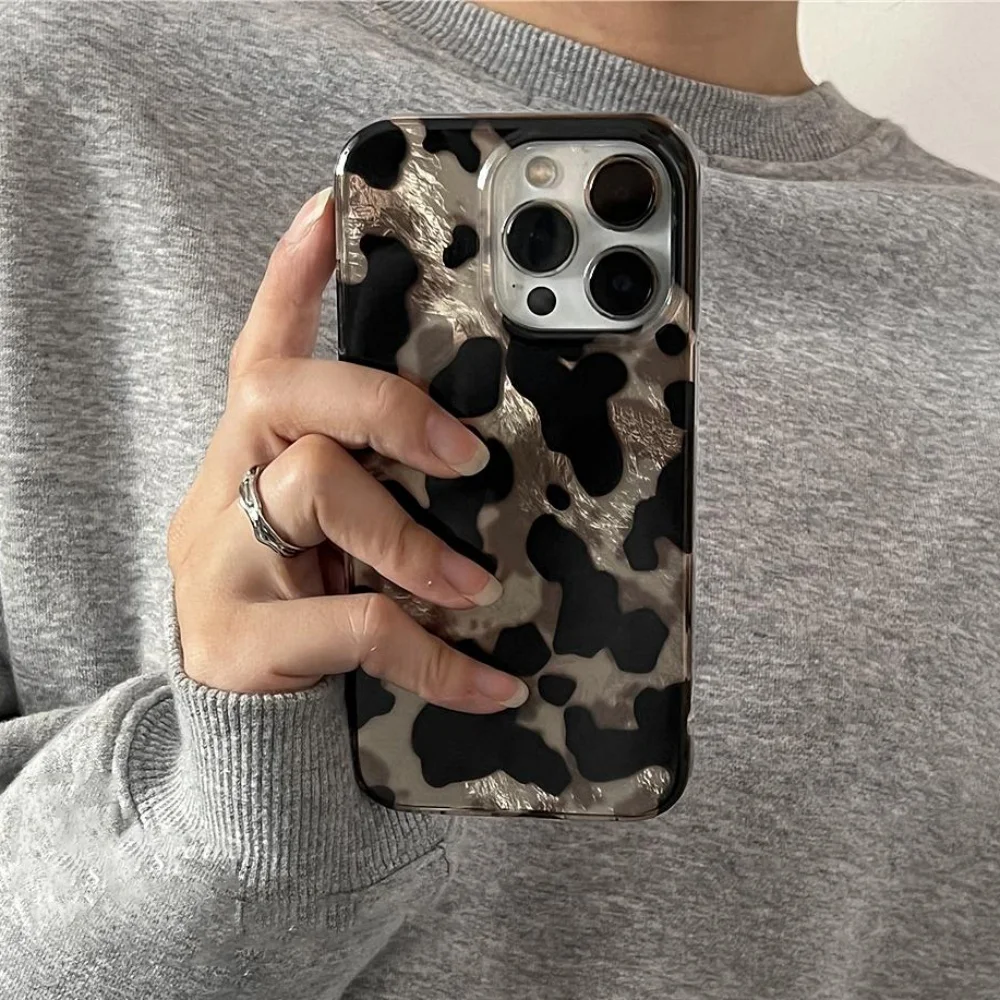 Luxury Retro Cow Pattern Gradient Glitter Tinfoil Pattern Phone Case For iPhone 16 15 13 Pro Max 12 14 Pro Soft Back Cover