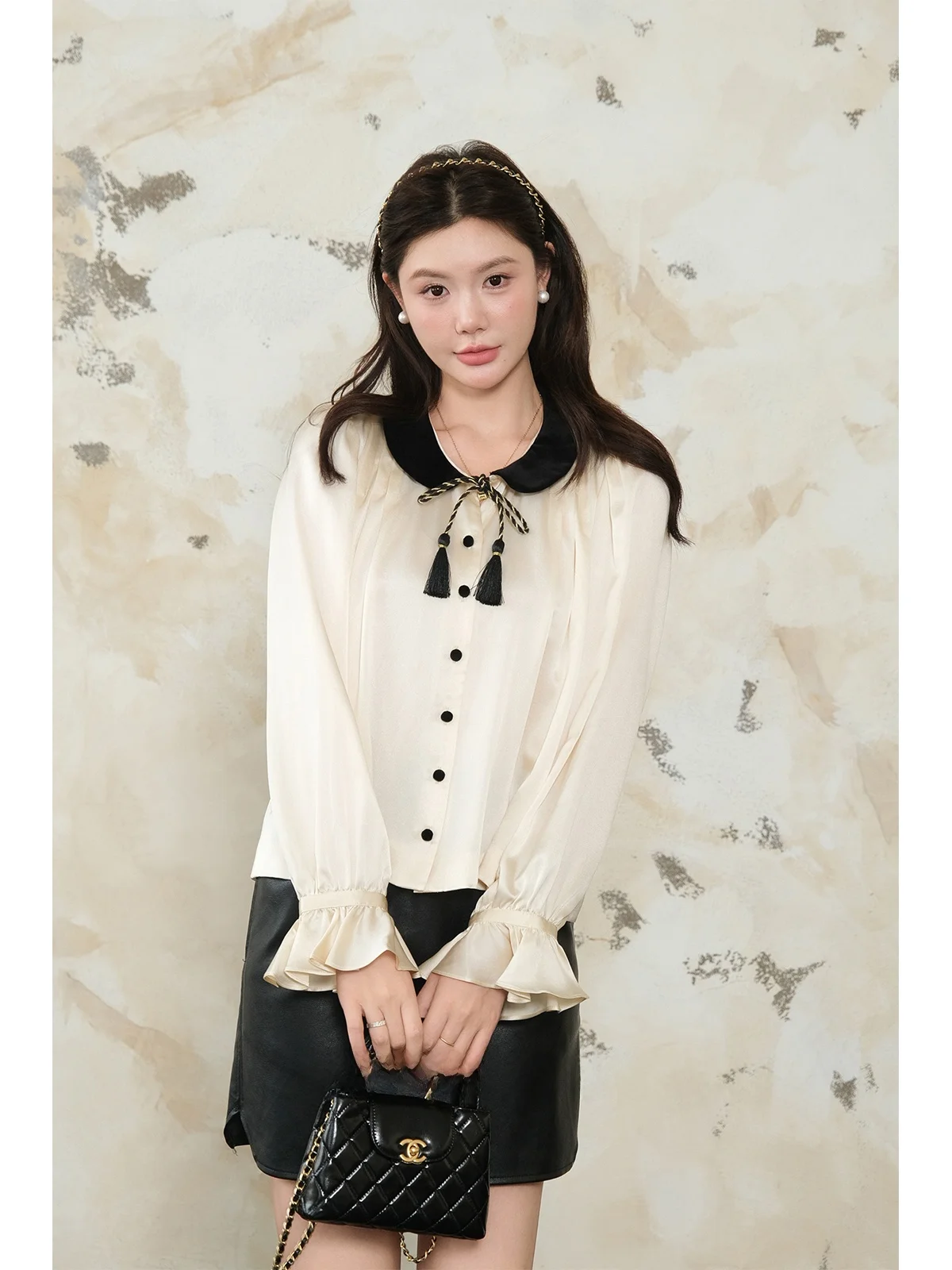 

iny 2 Momme Silk Women's irt Doll Collar Long Sve Busin Casual Top for Autumn Season