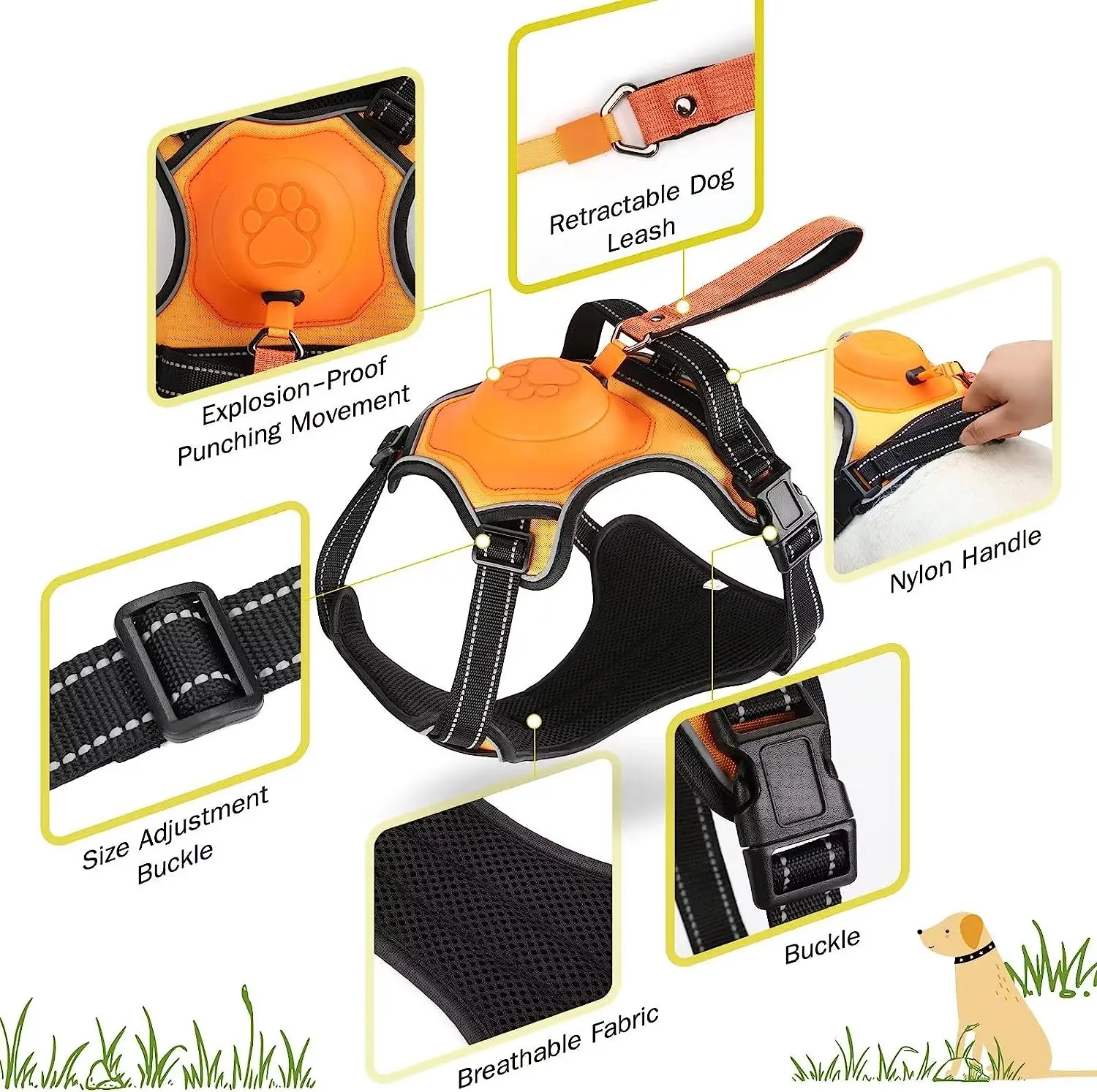 Upgrade 2 in 1 No Pull Dog Harness & Retractable Dog Leash【Auto-Lock Function】Reflective Service Dog Harness Adjustable Dog Vest