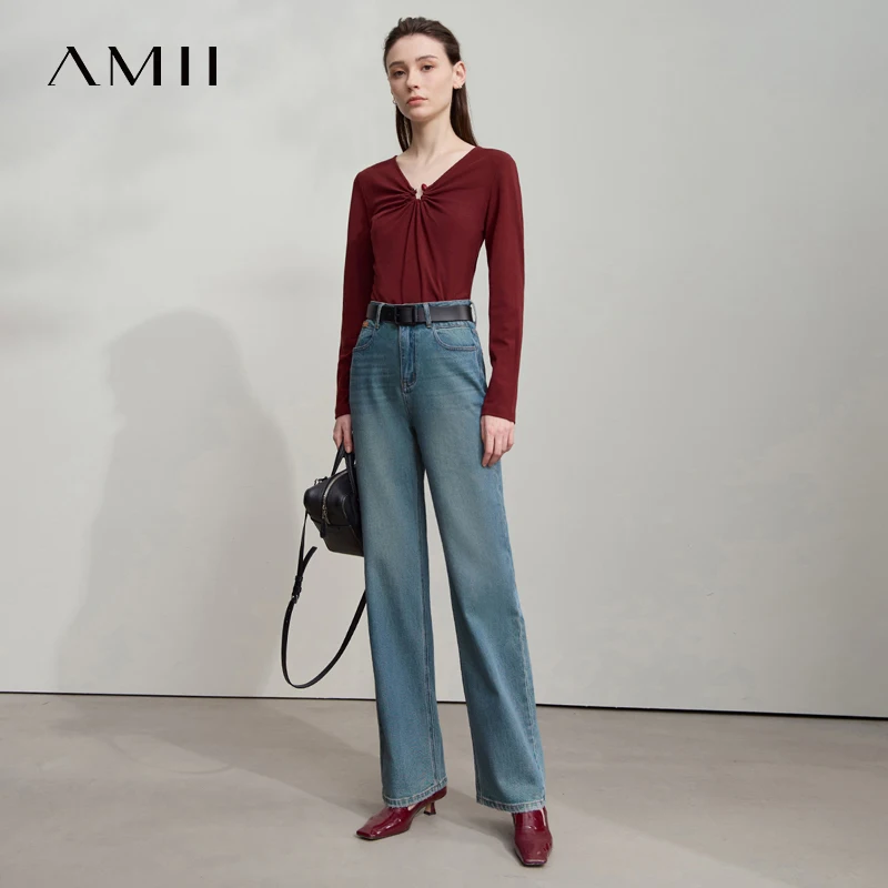 AMII Minimalist Blue Denim Pants For Women 2025 Autumn Fashion Lyocell Cotton High Waist Casual Jeans Women's Clothing 12523068