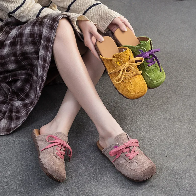 

2,5 см этнические модные тапочки из 100% коровьей замши из натуральной кожи, летние удобные женские туфли без шнуровки с круглым носком на плоской подошве для отдыха, женская обувь