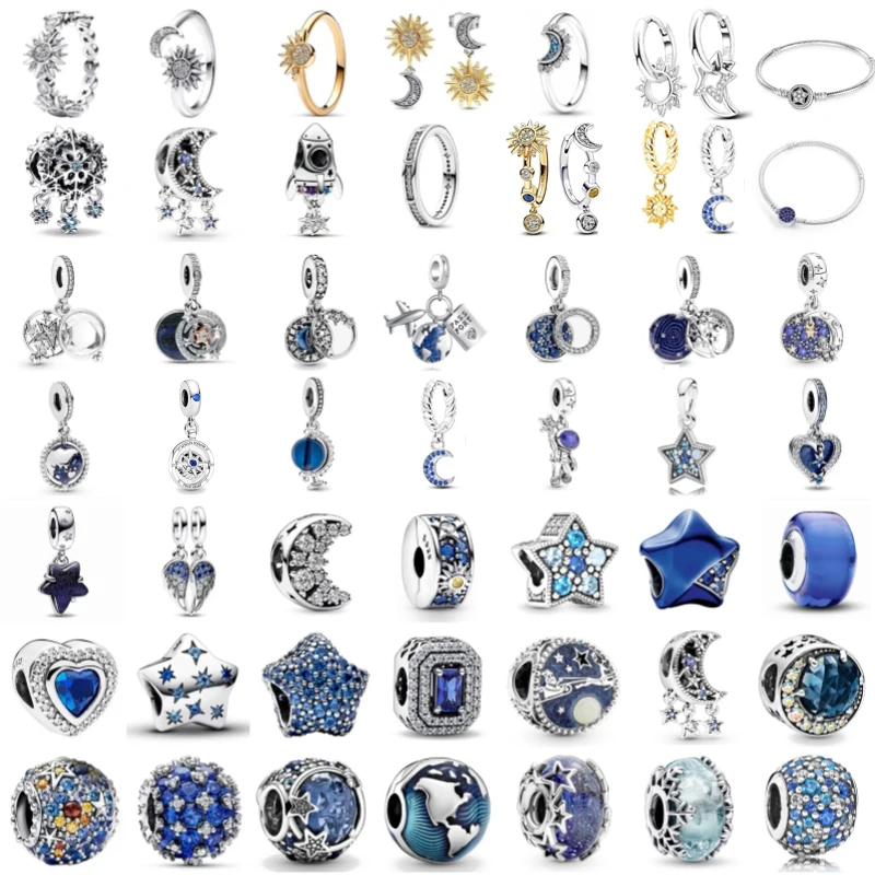 

Sterling Silver Blue Style Moon Star Sun Blue Beads Pendant Fit 925 Original Charms bracelets for Women Gift Fine Jewelry Making