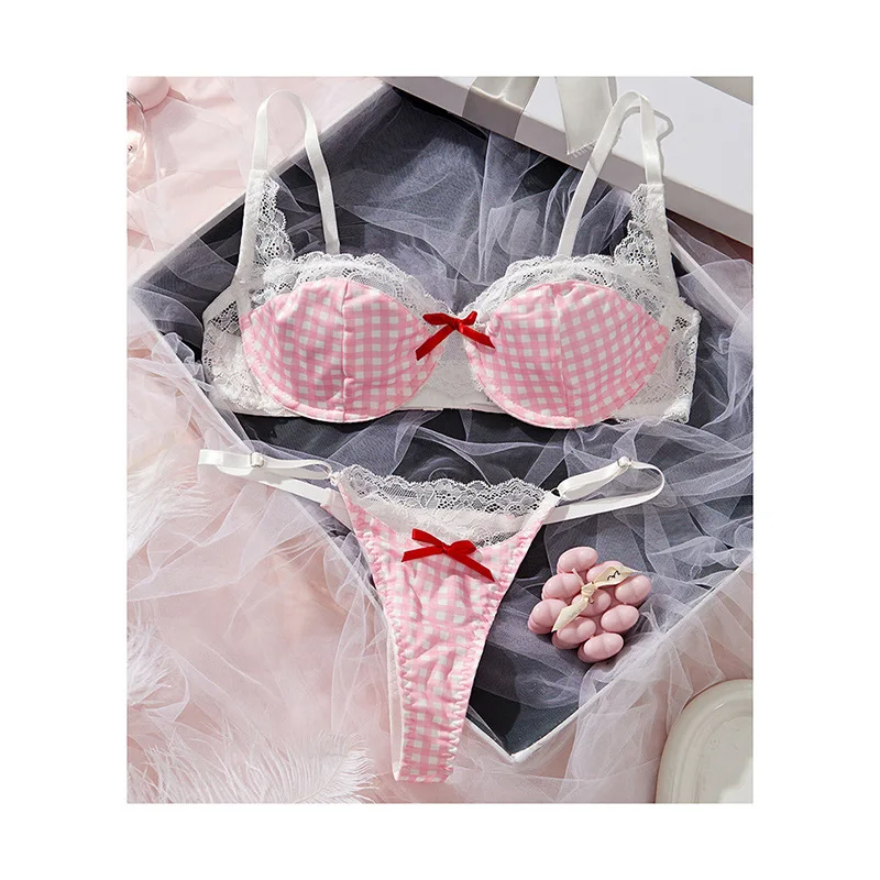 

Bra plaid underwear women small fresh underwear bow up support lingerie briefs sets large breasts show small bra set