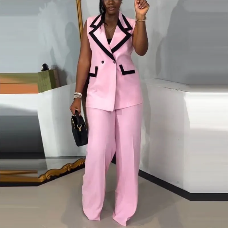 Womens Fashion Pink Color Blocking Sleeveless Vest Wide Leg Trousers Set 2-Piece Set 2025 New Summer Commuting Office Lady Suit