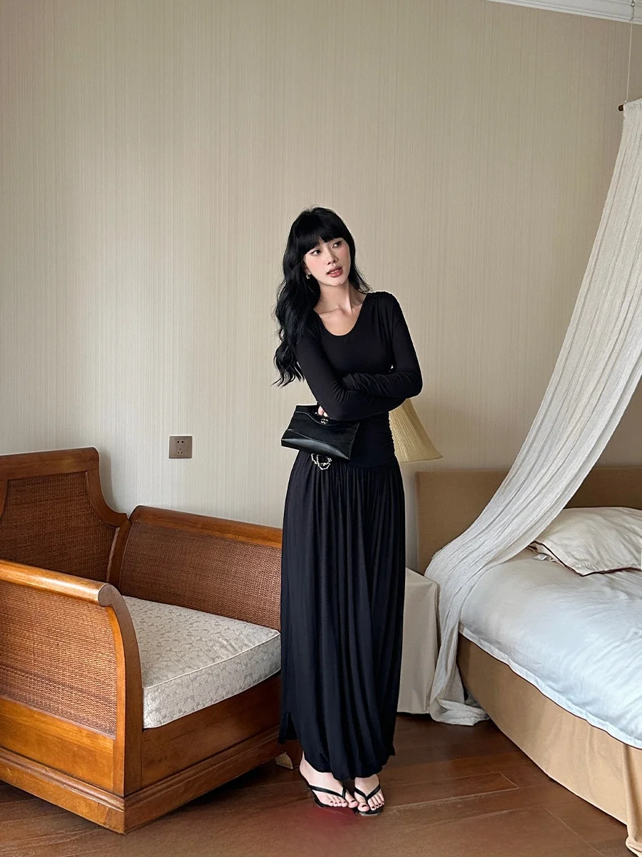 

Elegant Long Sleeve Knitted Dress VENUIE Autumn Spring Style Irregular Hemline Women's High End Feeling Long Dress
