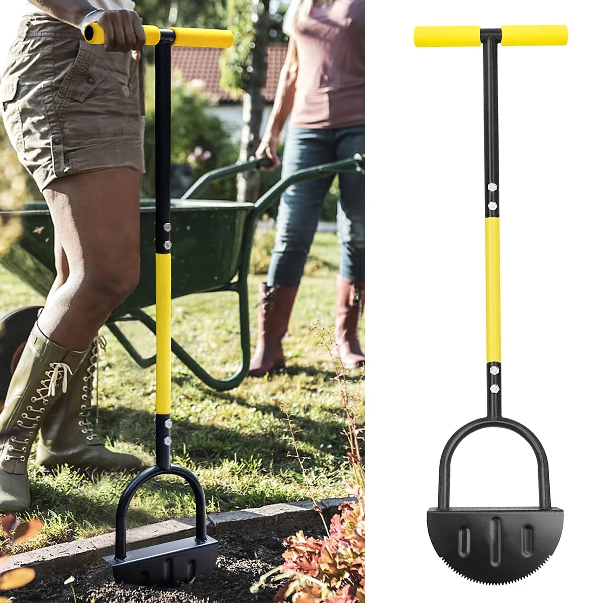 F40 Garden Edger Half Moon Saw-Tooth Hand Edger Ergonomic Manual Lawn Step Edger with Long Handle Landscaping Edging Tool