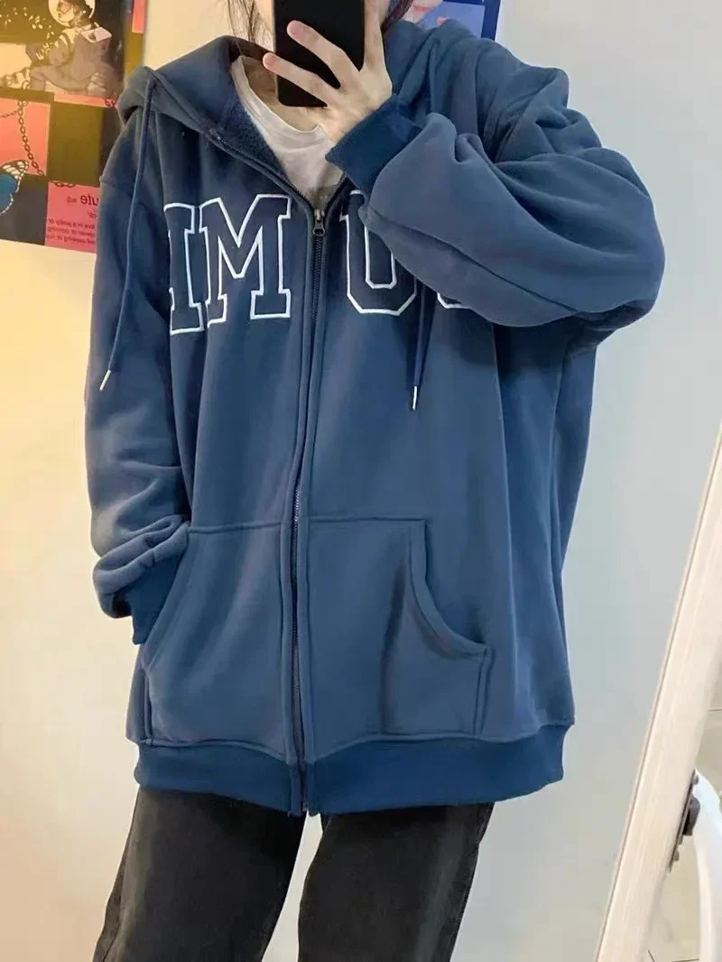 Y2k Women Letter Print Sweatshirts Winter Vintage Long Sleeve Oversized Hoodies Female Casual Zipper Jacket Coat Clothes Jacket