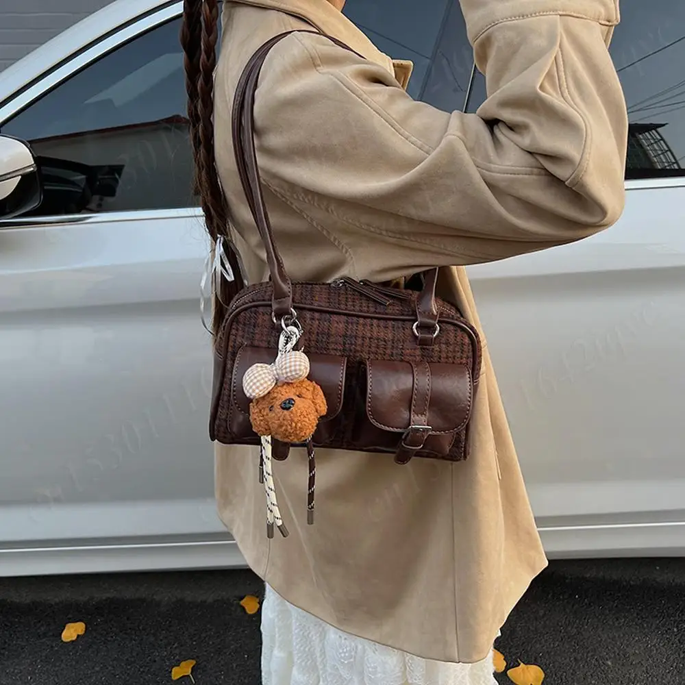 

New Women Grid Underarm Pouch Retro Bowling Boston Bag Vintage Shoulder Bag Travel Shopping Tote Handbags Large Top-Handle Bags