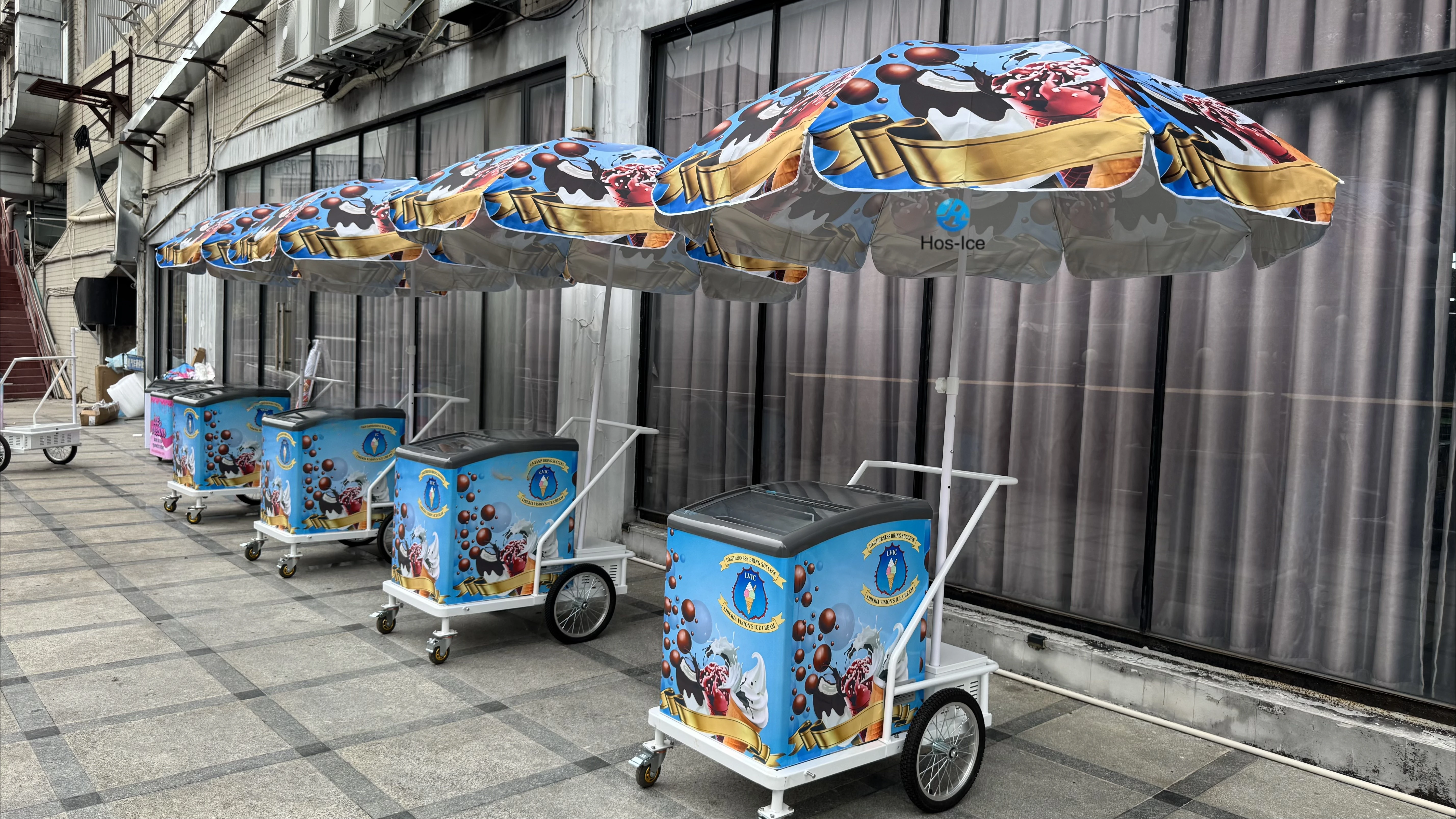 Mobiele ijs- en diepvriesproducten verkoopkar met parasol, 4-wielige straatvoedselvriezerkar te koop