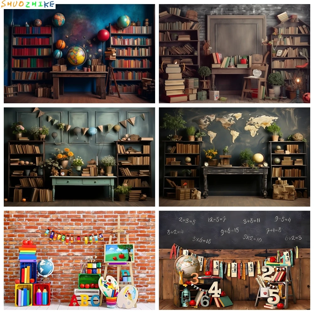 

Back To School Backdrop Blackboard Globe Book Chalkboard Classroom Teaching Children Student Photography Background Photo Studio