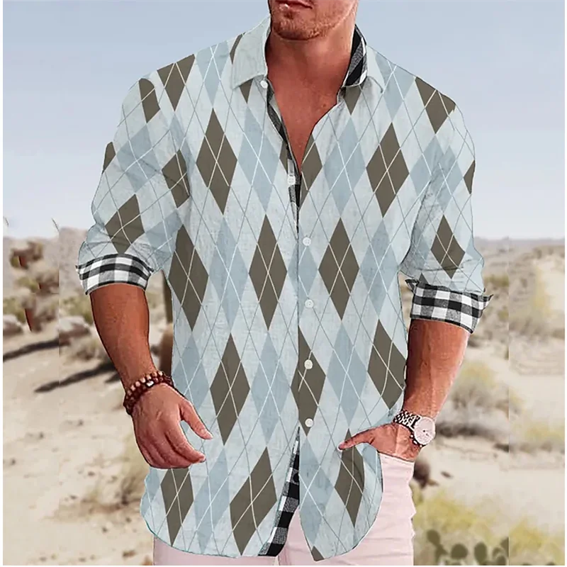 Color Gradient 3D Printed Casual Men\'s Shirt Spring Lapel Single Breasted Long Sleeve XS-6XL Four-Way Stretch Fabric Shirt 2024