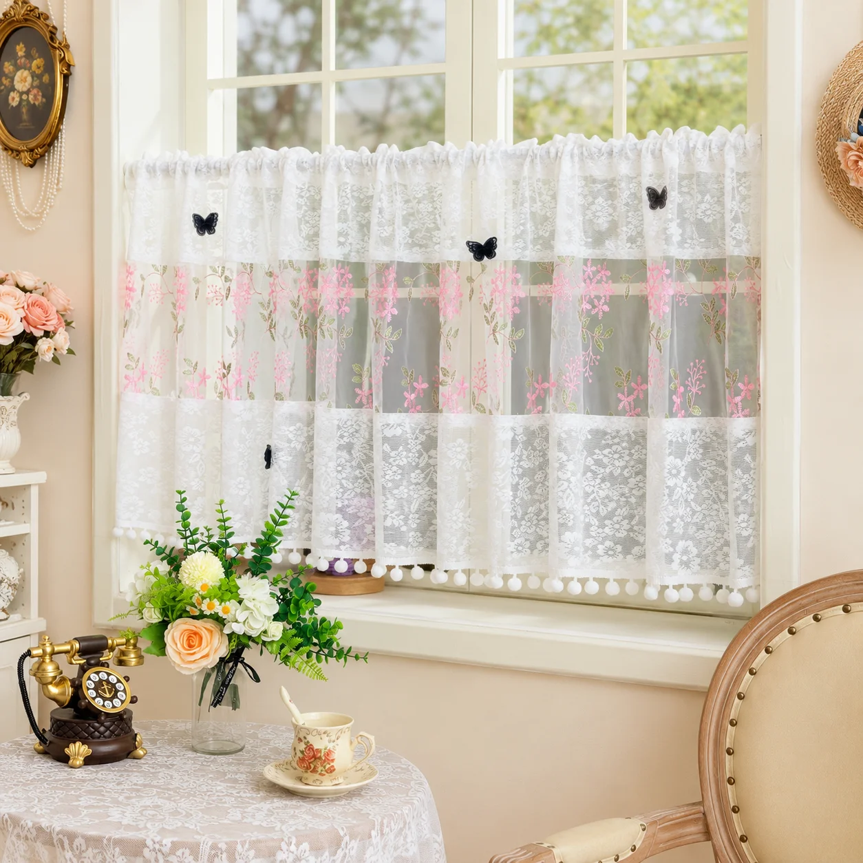 White Lace Cafe Curtain Pink Floral Embroidered Sheer Valance with Black Butterfly Applique Pom Pom Trim Kitchen Drapes