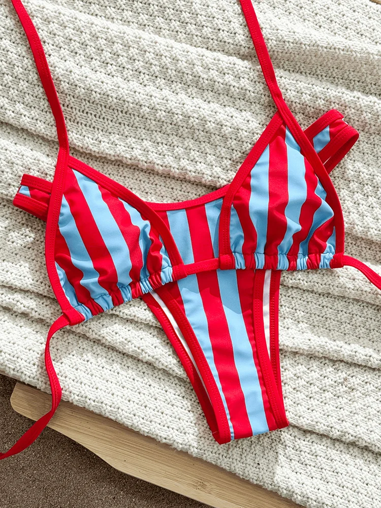 Sexy Sportswear Women Fashion Vintage Sleeveless Swim Striped Lace Up Neck Mounted 2026 New Spring Summer Two Piece Suits
