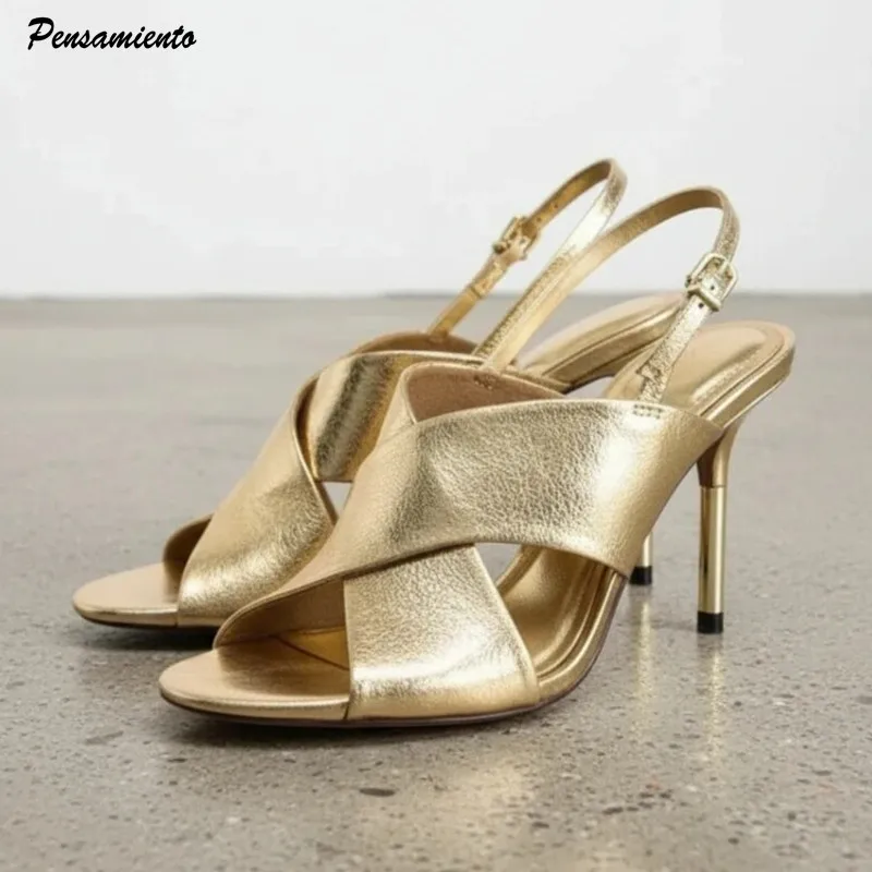 

Street Style Fashion Gold Cross Strap Slingbacks Women Sandals Summer Elegant 9cm Stiletto High heels Ladies Party Dress Shoes