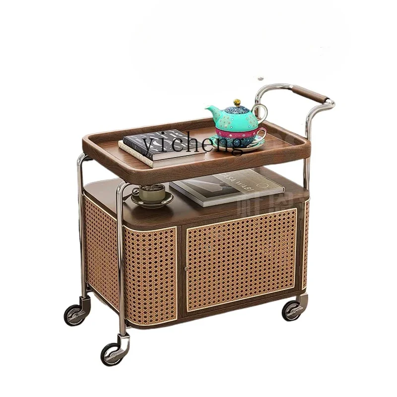 TQH solid wood edge table movable trolley with wheels rattan storage living room sofa side cabinet