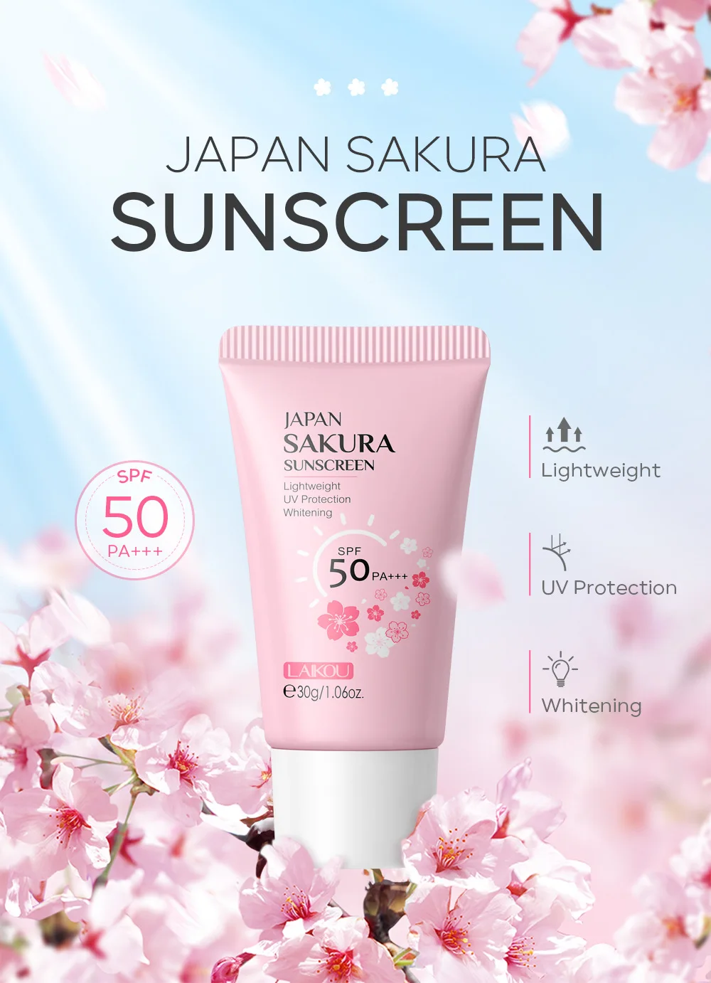 LAIKOU 페이셜 바디 썬스크린 크림 SPF50+ 리프레싱 방수 UV 프로텍터 컨실러 모이스춰라이징 브라이트닝 30g