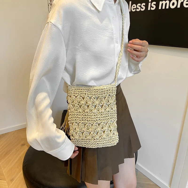 Tassel Western Style Hollow Tassel Straw Woven Personality Trendy Hand-Woven Large Capacity Beach Shoulder Messenger Bag Wom