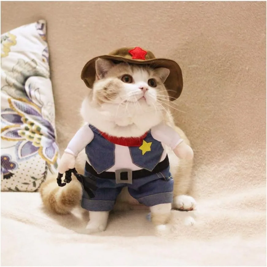 TONG Pet Dog Cat Costume Cowboy Jeans Hoodie Shirts Halloween Costume Jumpsuit Puppy Clothes Funny Coat for Cat and Small Dog