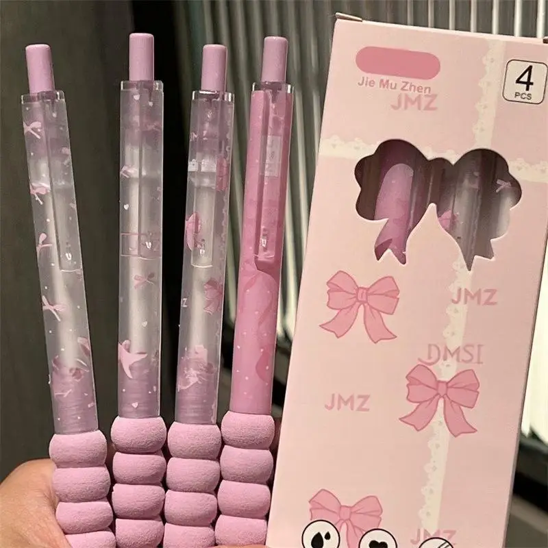 New 4Pcs Retractable Quick-drying Gel Pens 0.5mm Smooth Writing Kawaii Bowknot Design Office School Supplies