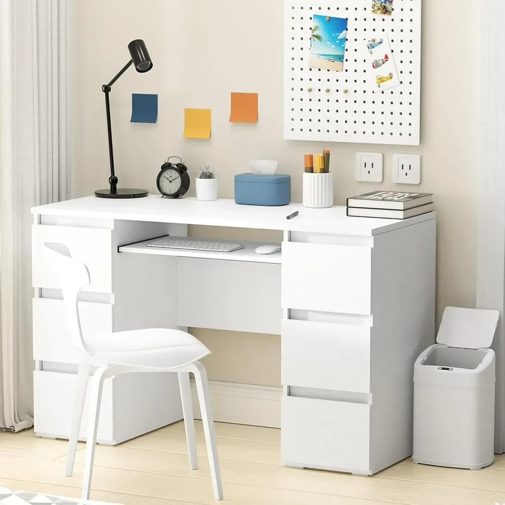 Computerbureau met 6 laden, 47 inch schrijfhouten bureau met laden PC Laptop ijdelheid make-up bureau, werkstudie tafel bureau wit