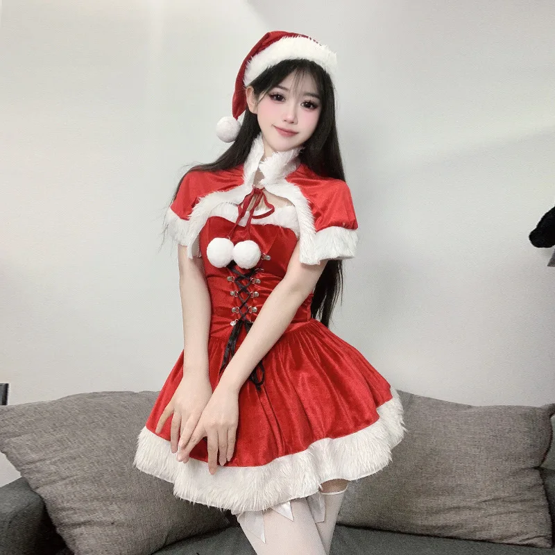 2025 Christmas Female Santa Christmas Series Uniform Cosplay Christmas Outfit Pure Desire Velvet Dress Set New Year's Red Dress