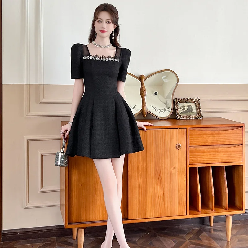 Birthday Puffy Black Dress Summer New Woman Square-Neck Waist-Tight Rich