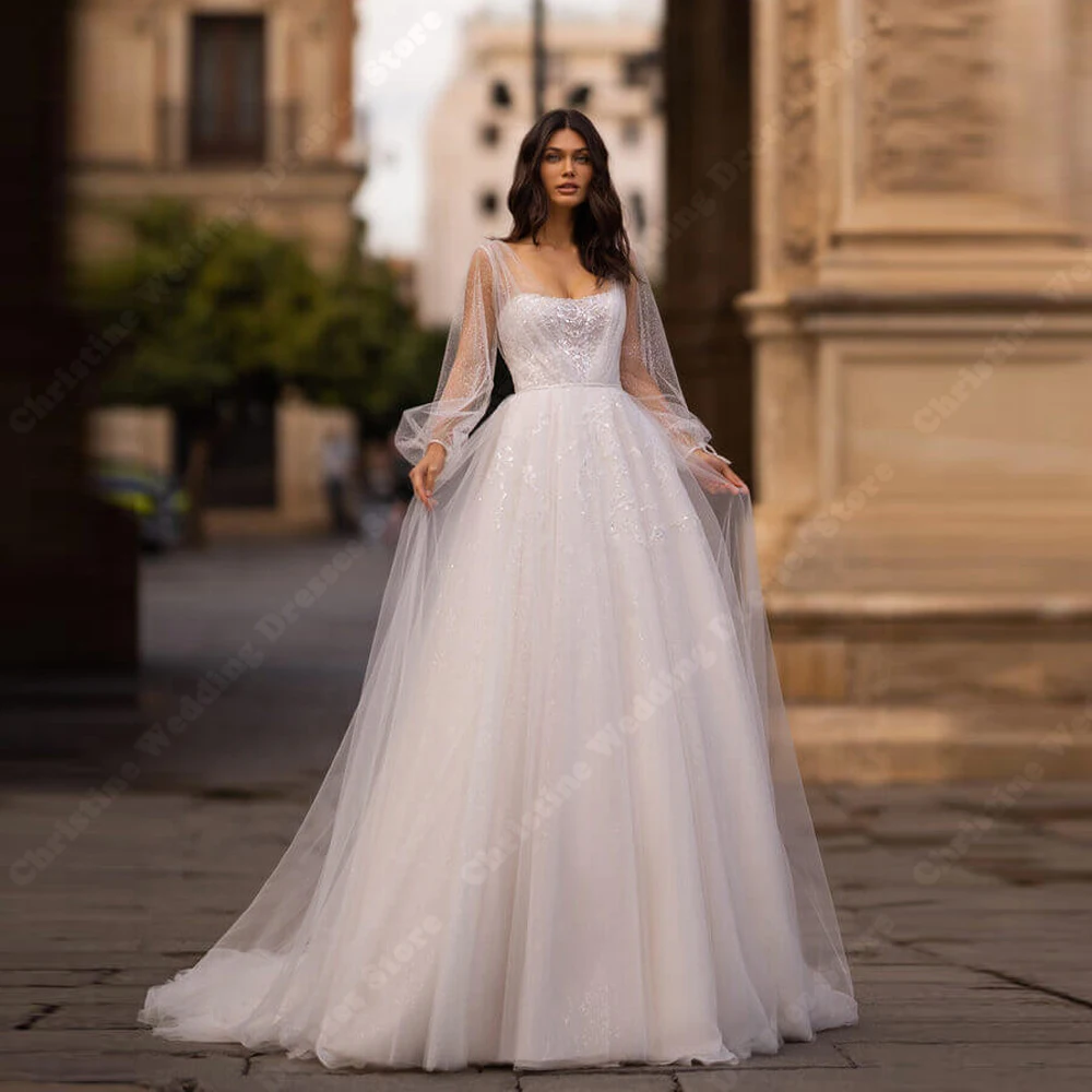 

Glitte Lace Decal Wedding Dresses For Women Sweetheart Collar A-Line Bridal Gown Engagement Banquet Vestidos De Novia Customized