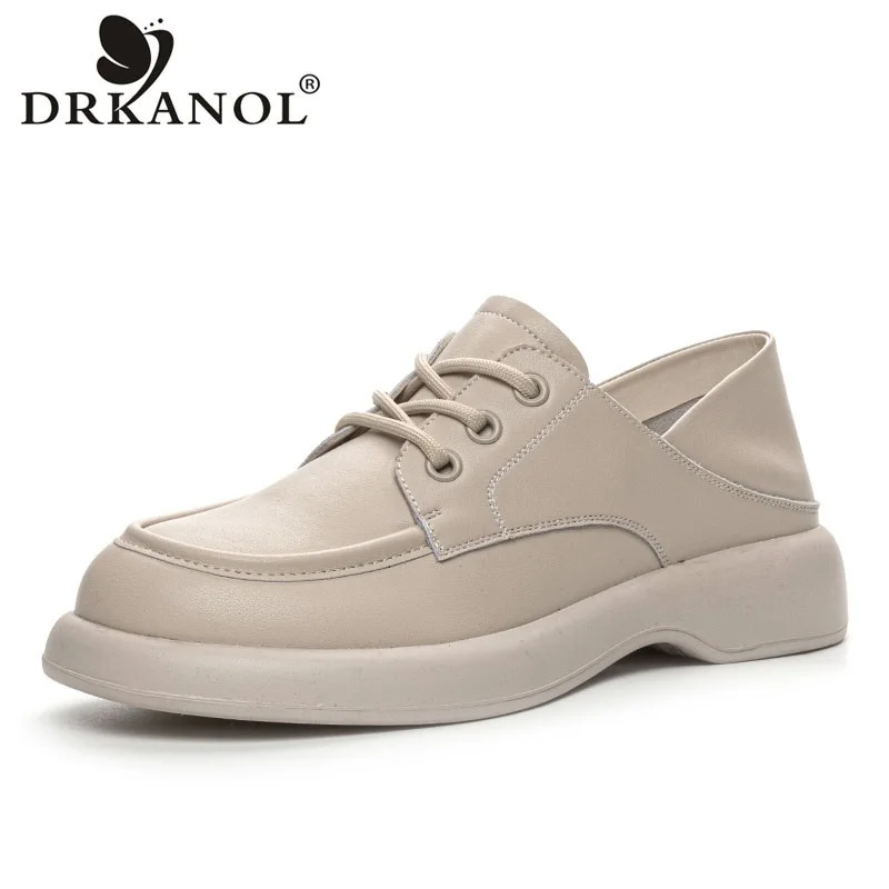 DRKANOL British Style Women Flat Shoes Spring Autumn Lace-Up Round Toe Real Cowhide Low Heel Casual Single Shoes Women Loafers
