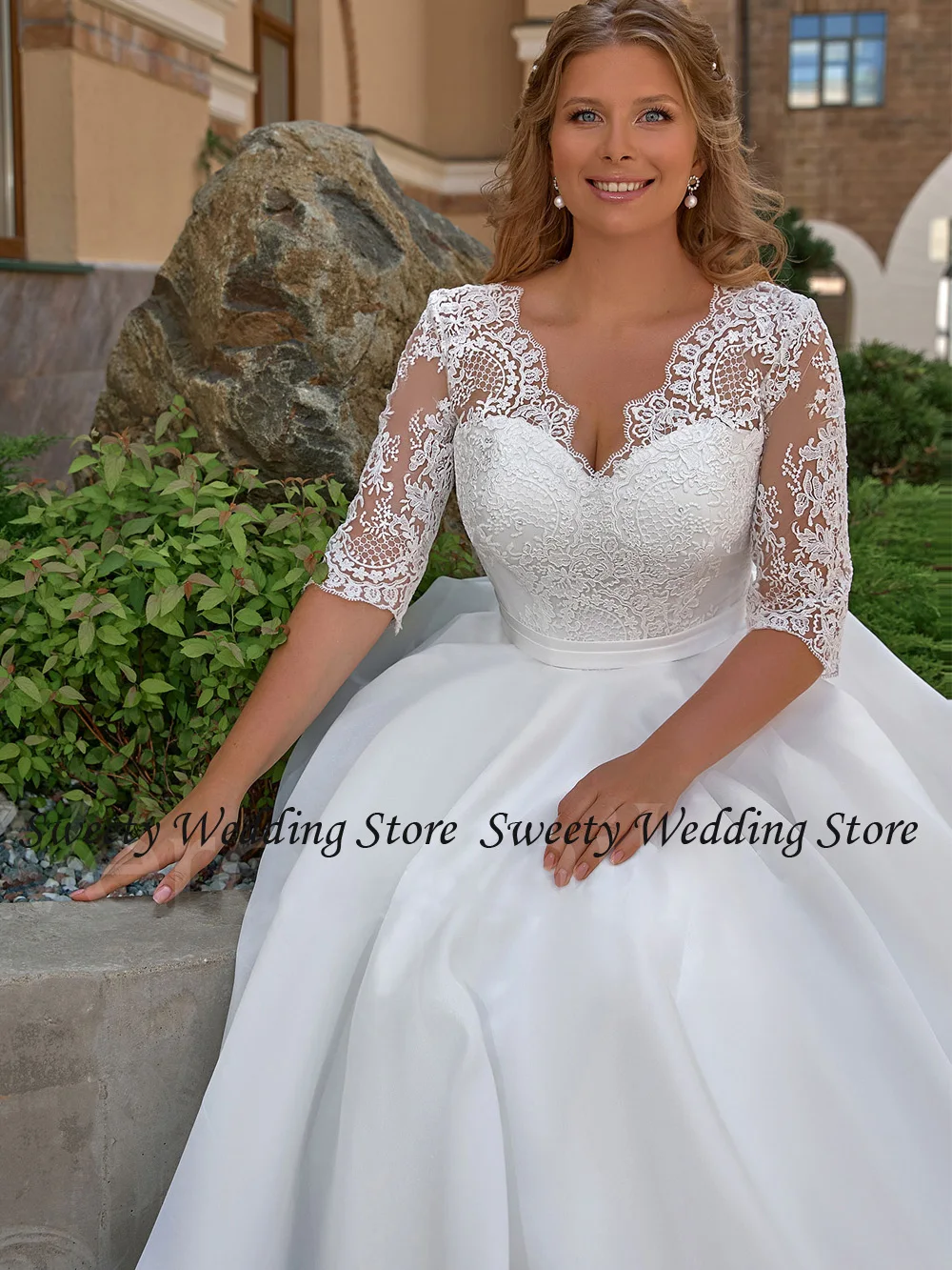 Vestido De novia De Organza con media manga y cuello De pico, vestido De novia De talla grande, con apliques, línea A