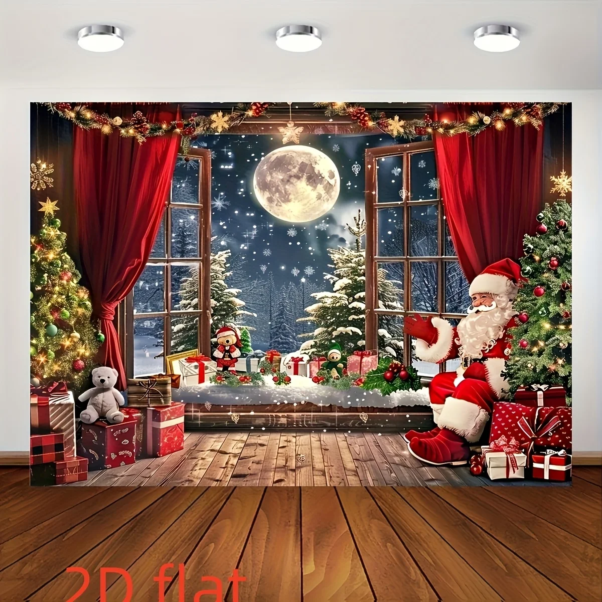 2D flacher Fotohintergrund mit Weihnachtsmann- und Weihnachtsbaumthema – multifunktionale Polyesterflagge