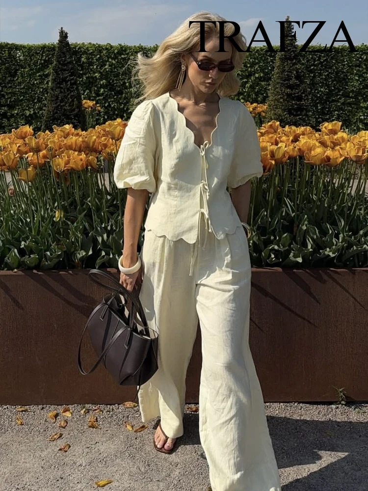 

TRAFZA Women's Summer Suit Yellow V-Neck Short Sleeve Bow Lace-Up Decoration Shirts+High Waist Long Pants Female Casual Pant Set