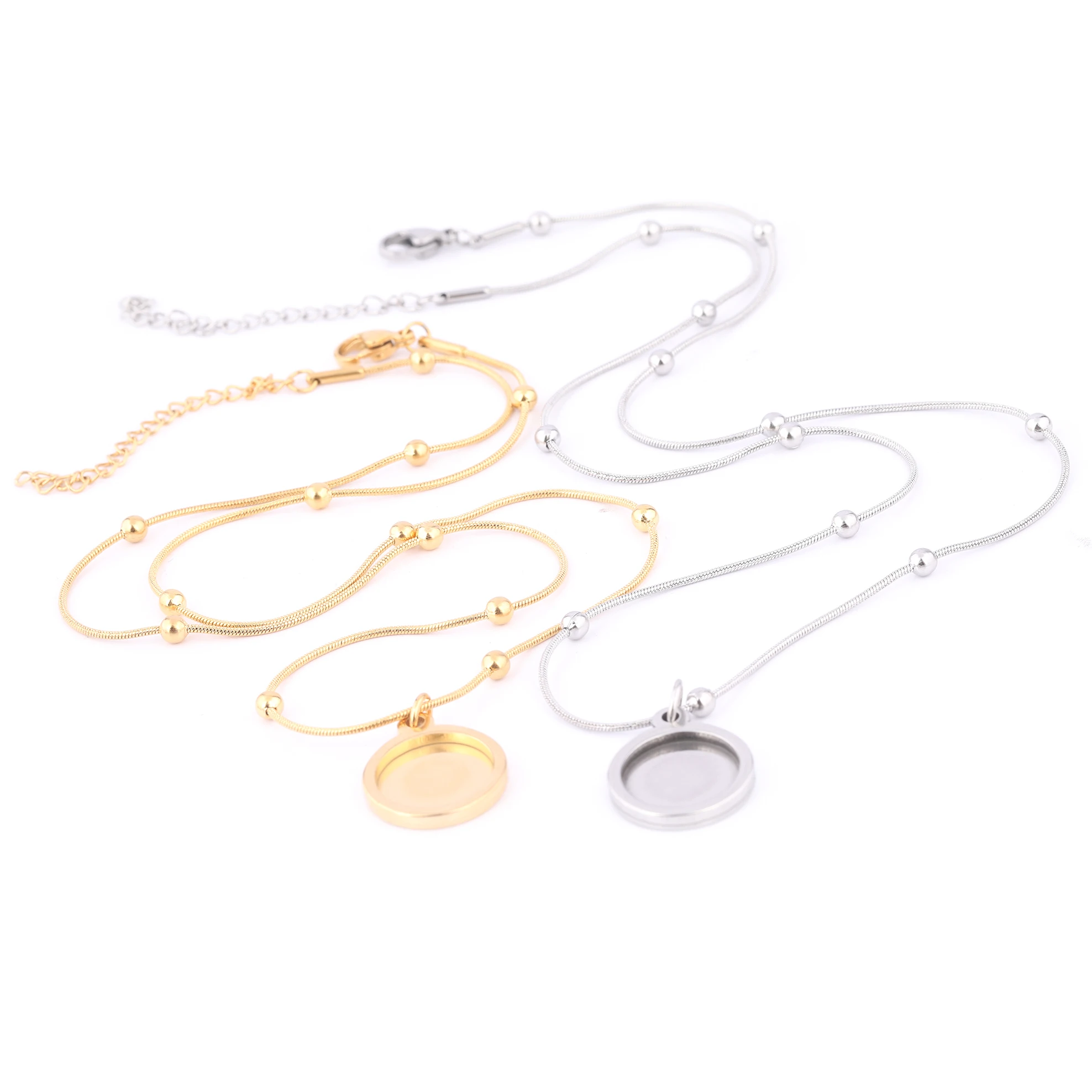 2pcs Stainless Steel Gold Plated Ball Chain Necklace Base Blanks 12mm Cabochon Pendant Bezel Setting Trays Diy Jewelry Findings