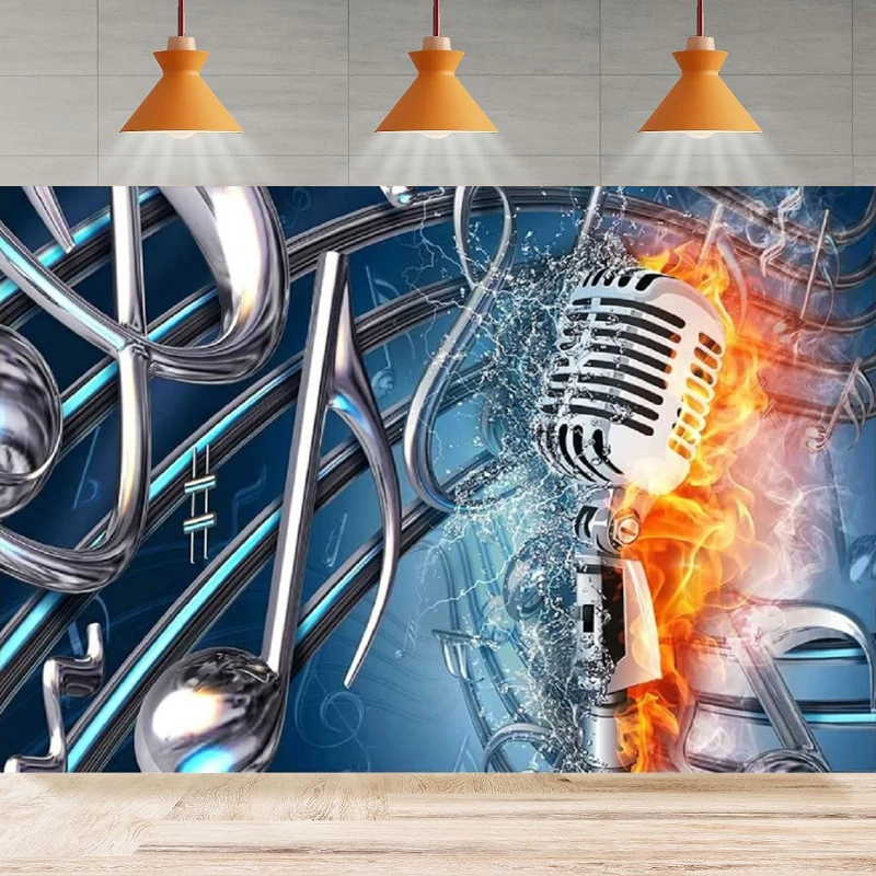 Microphone Photography Background Dream Rock Music Symbol Party Backdrop Rap Concert Fire Blue Water Red Flame Musical Notes