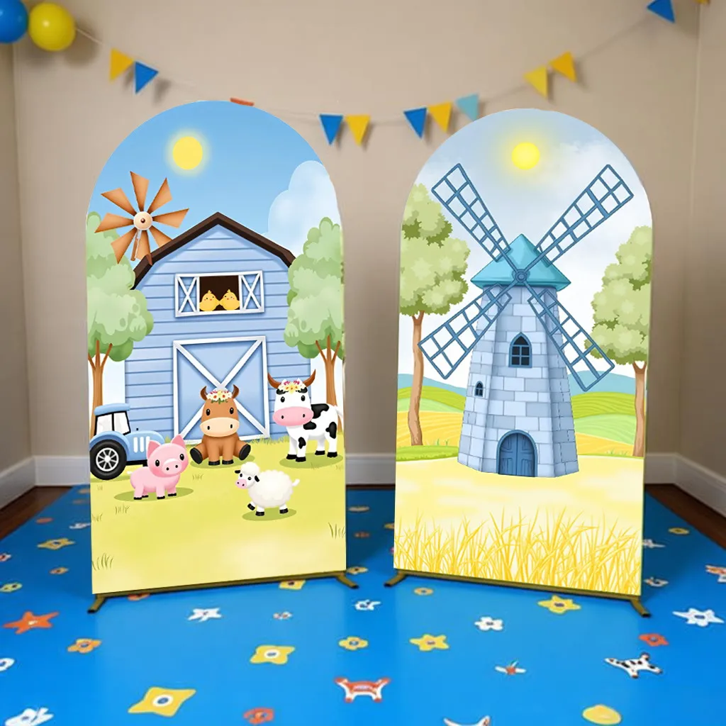 Blue Farm Animals Birthday Party Decor Arch Cover Backdrop Barn Tractor Baby Shower Baby Kids Portrait Photography Background