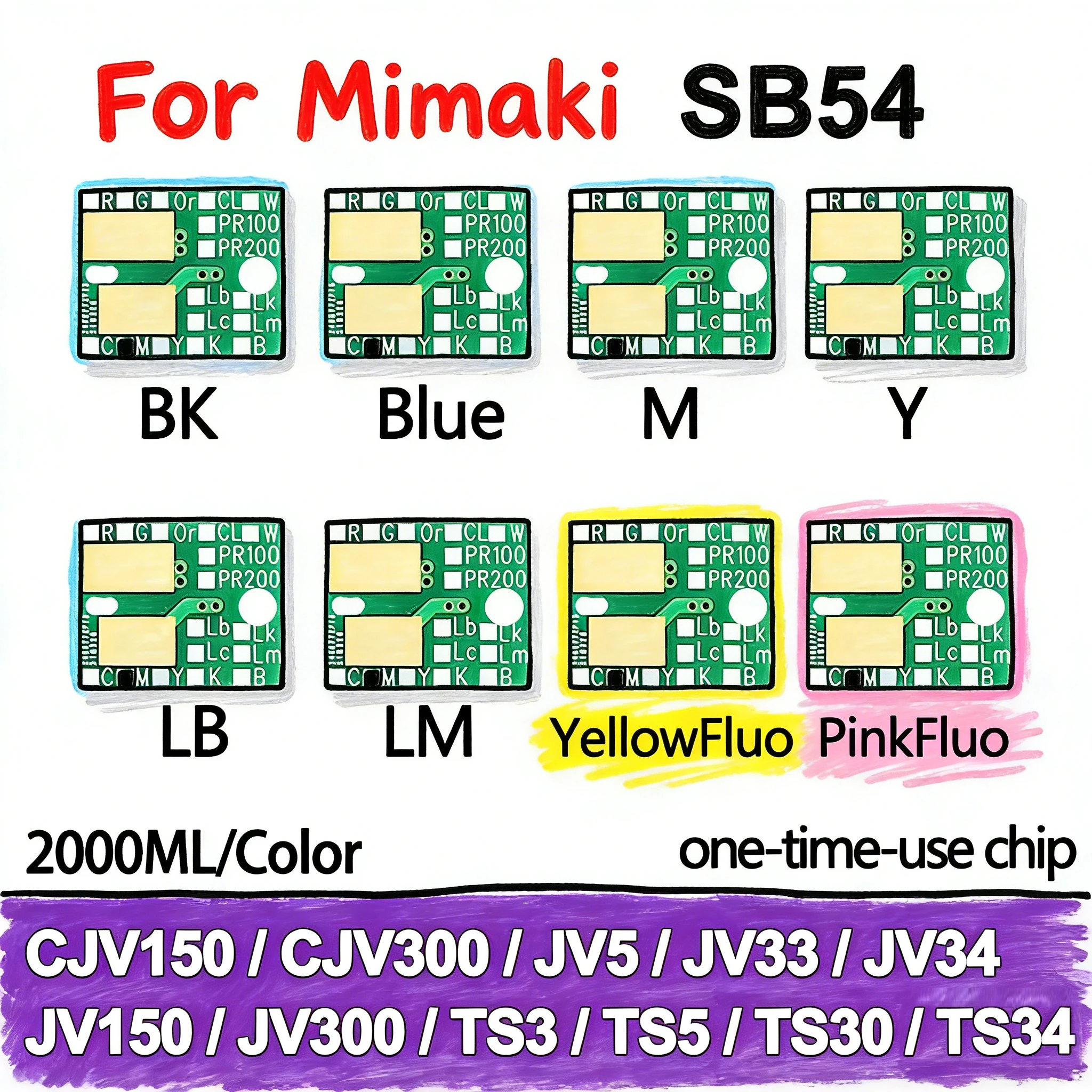 

2000ML SB54 Ink Chip for Mimaki CJV150/300 JV5/33/34 JV150/300 TS3/5/30/34, One-Time Use Disposable Chip for Ink Bottle