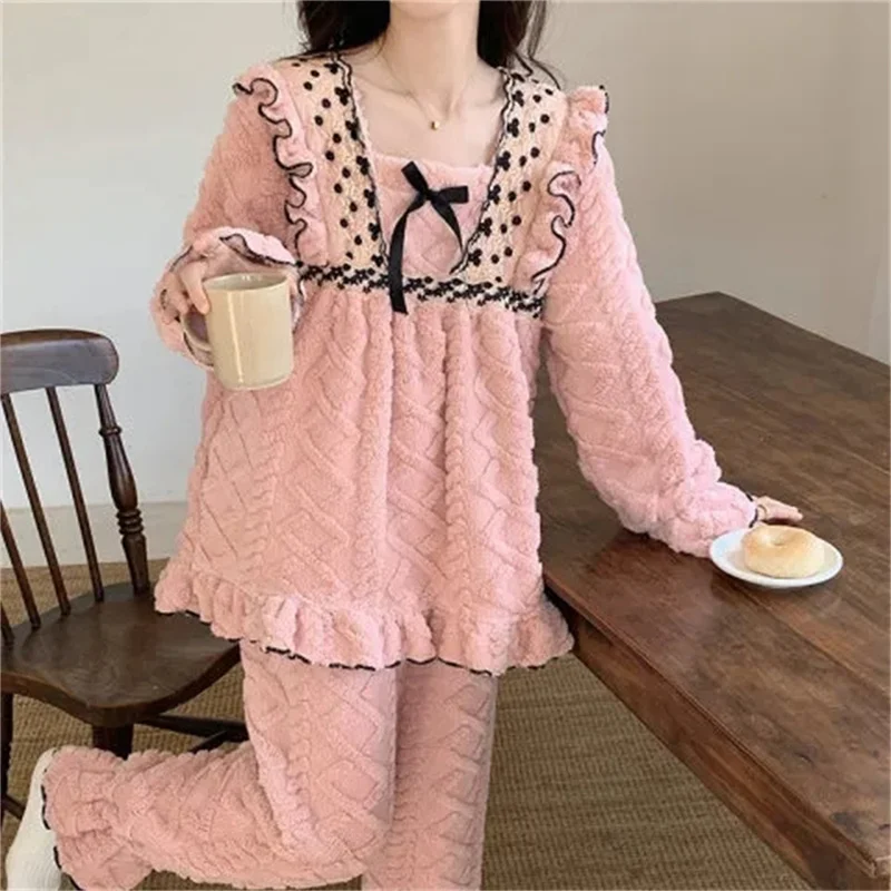 2023 New Autumn and Winter Coral Velvet Pajamas Women\'s Sets Thicken Plush Cartoon Flannel Home Wear Suit Two-Piece Suit Student