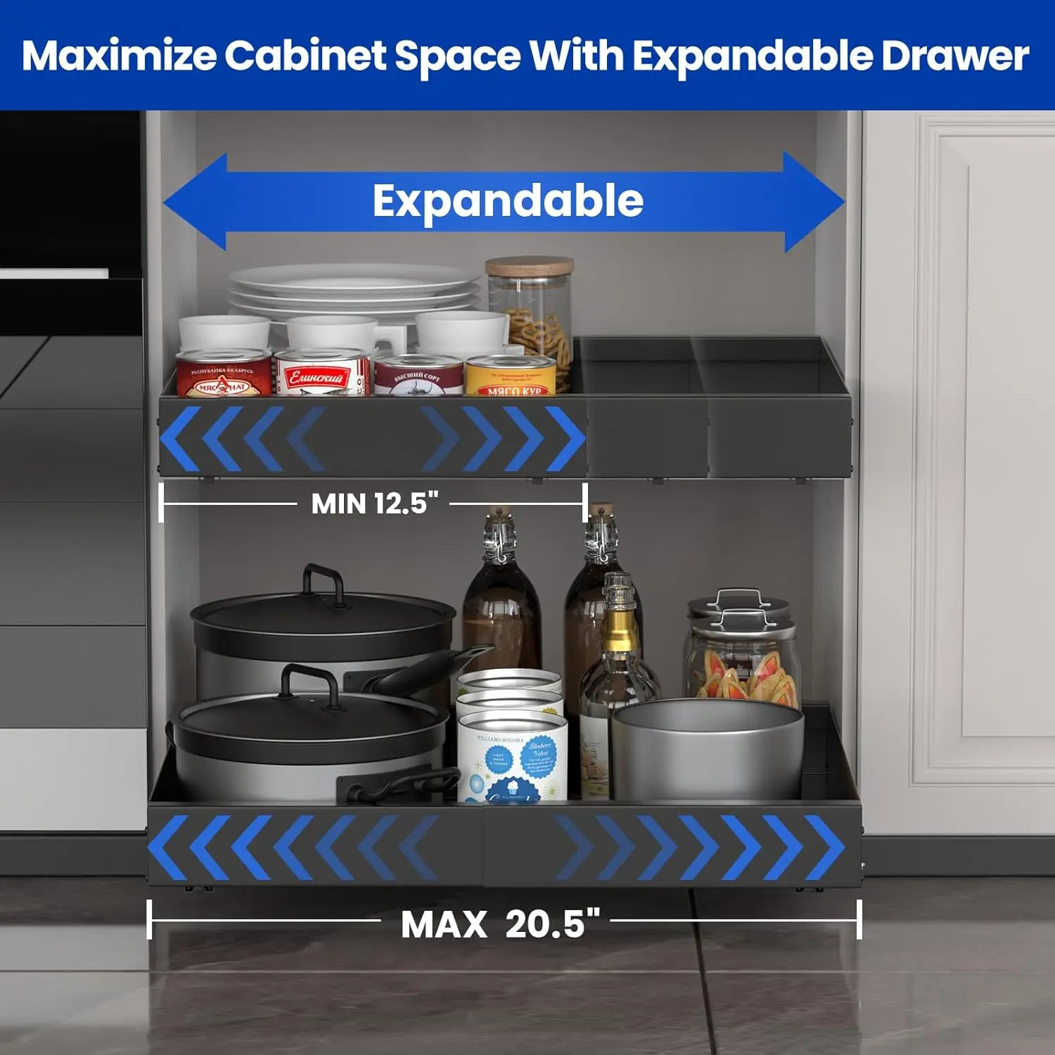 

Lontan Pull Out Cabinet Organizer, Expandable 11.8""-18.1""W Heavy Duty Slide Out Drawers For Kitchen Cabinets Organizer