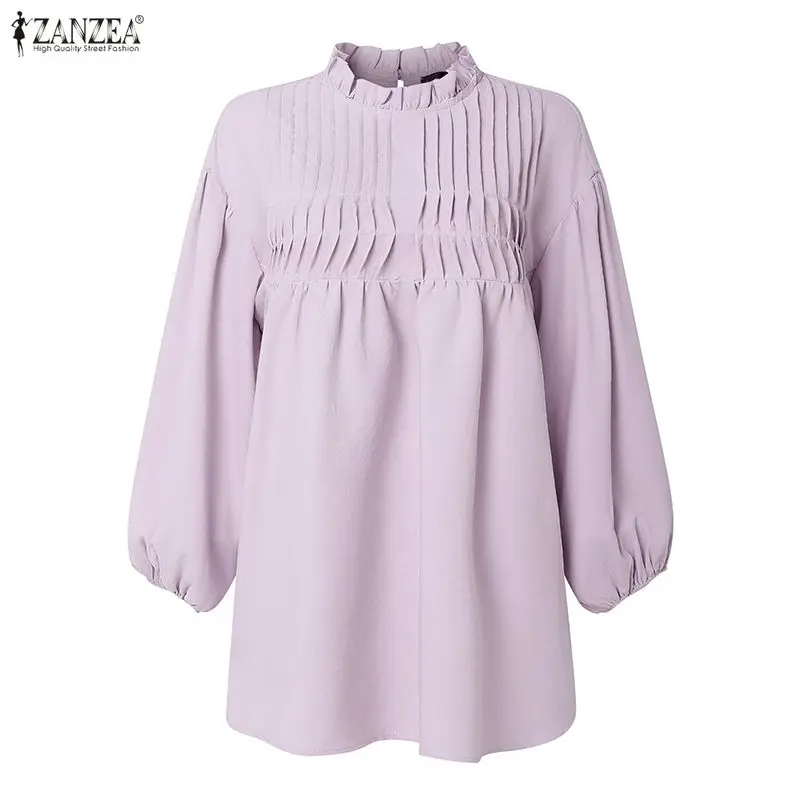 

Модная женская блузка ZANZEA 2026 с длинными рукавами-фонариками, однотонная, осенняя, с воротником-стойкой, плиссированная, повседневная, свободного кроя, милые блузы