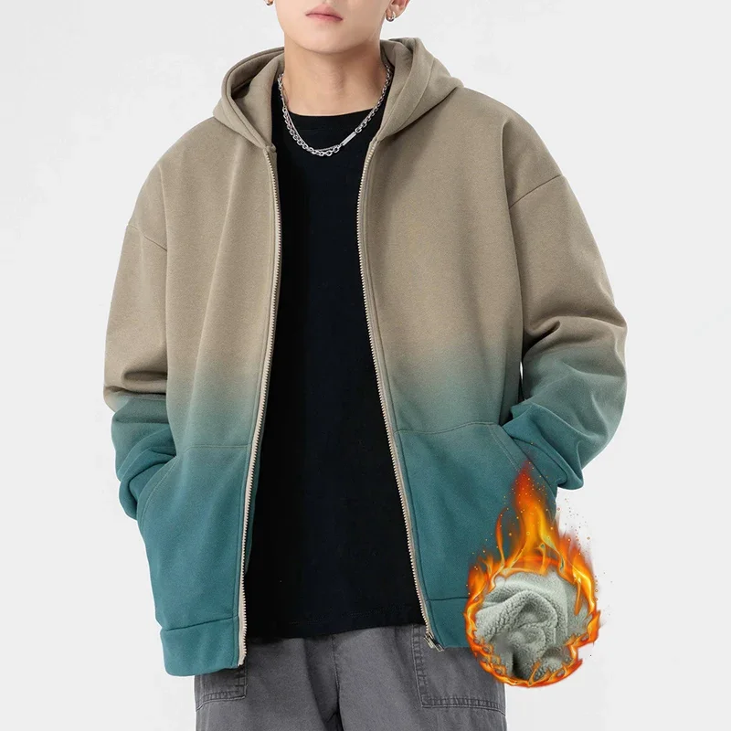 

Winter Sweat Coats Male Fleece Fashion Grey Green Jackets Coats Man Daily Popular Gradient Color Clothing Men