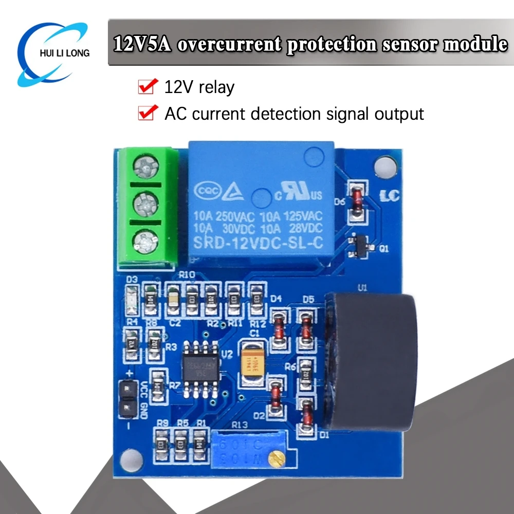 Módulo sensor de protección contra sobrecorriente DC12V 0-5A, sensor de detección de corriente CA, relé, salida de señal de conmutación