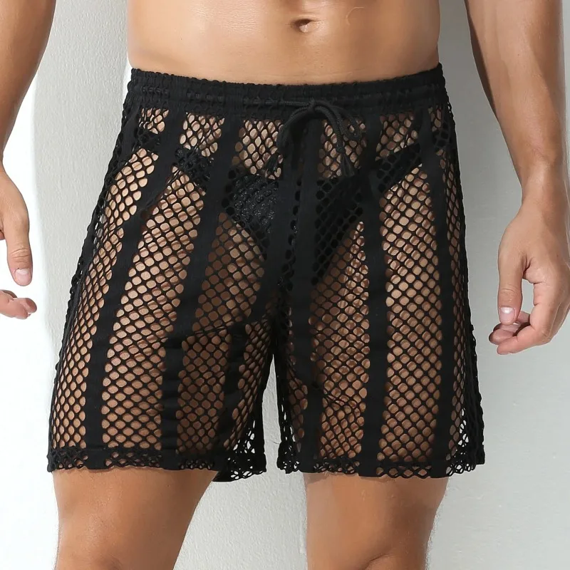 Men Fashion Mesh Sports Boxers Outodoor SportBreathable Lace Up See Through Shorts Elastic For Gym Fitness Workout Daily Wear