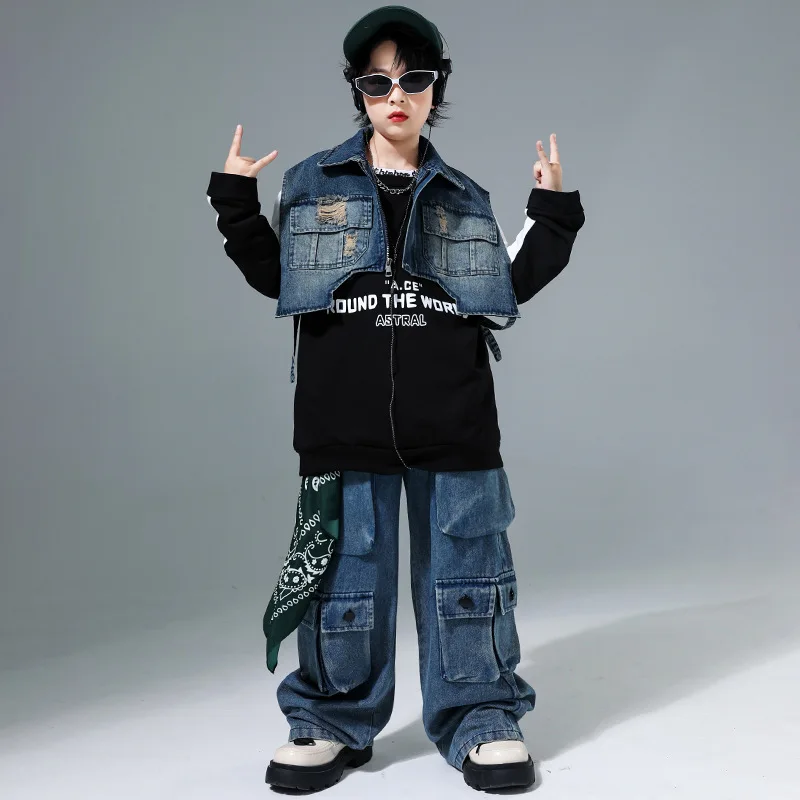 Kid Hip Hop Clothing Denim Blue Vest Jacket Long Sweatshirt Casual Multi Pockets Jeans Pants for Girl Boy Dance Costume Clothes