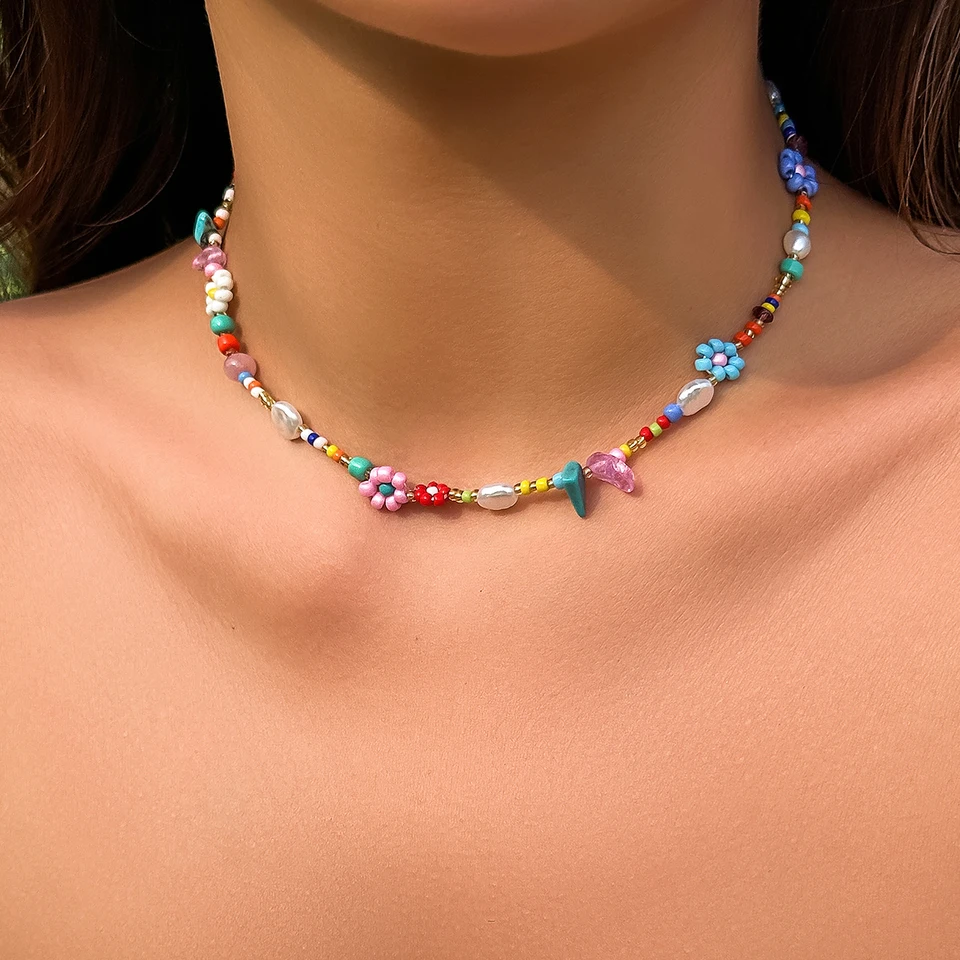 Salircon Boho Multicolor Handwoven Seed Beads Beaded Flower Choker