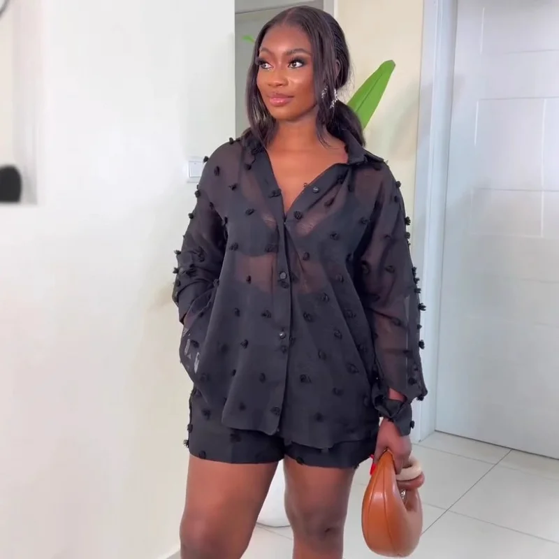 

African Women's Wear Long Sleeve Lapel Shirt and Shorts Suit Western Style Niche Flower Design High-End Two-Piece