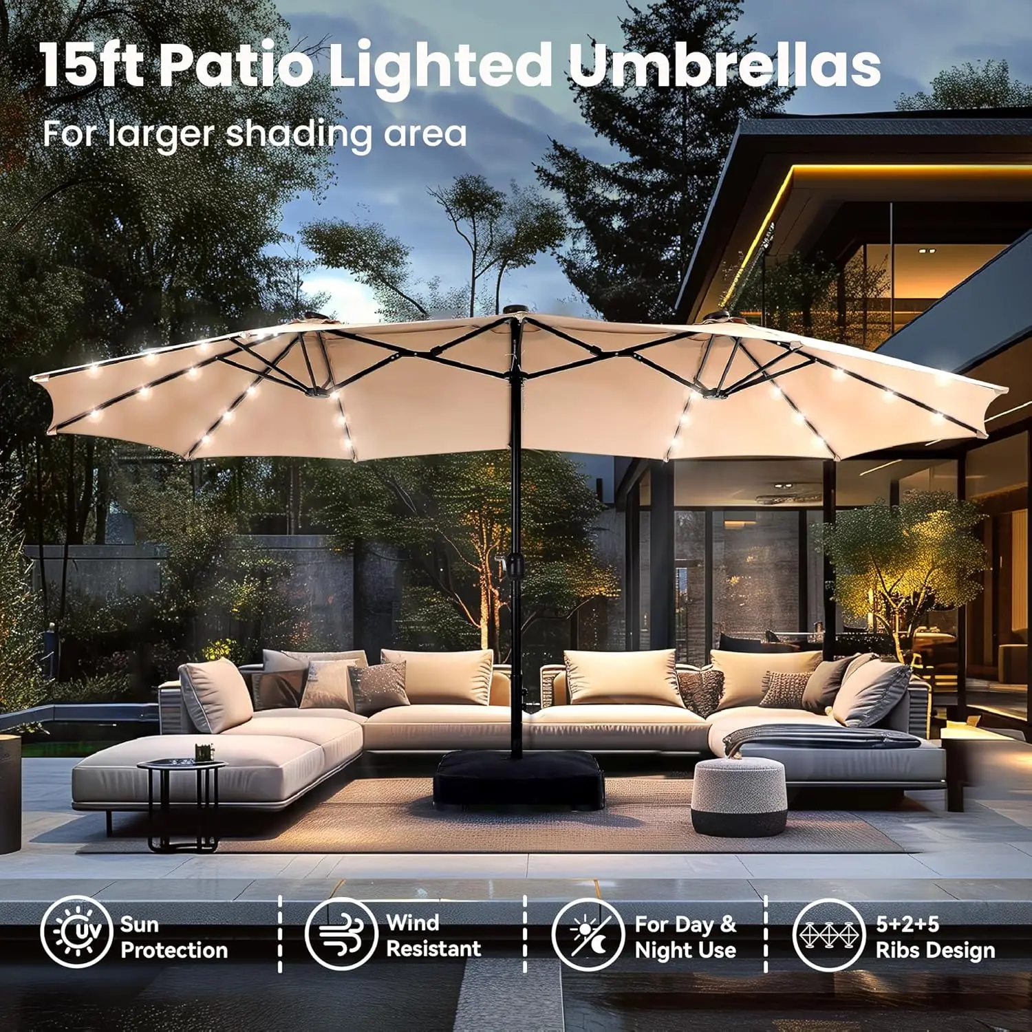 15ft Large Patio Umbrella with Base & Solar Lights, Double-Sided Outdoor Rectangle Umbrellas with 36 LED Lights, Beige