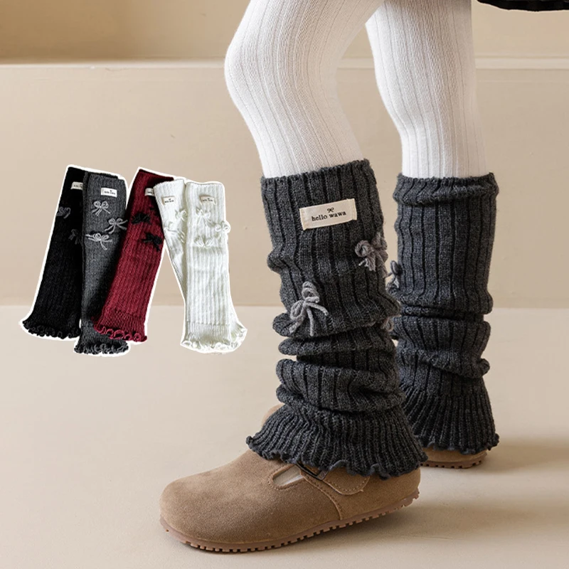 Lolita Girls Leg Warmers 36cm Socks Female Knitted Warm Foot Cover Solid Color Warmer Sweet Bow Winter Thick Girl Socks Cover